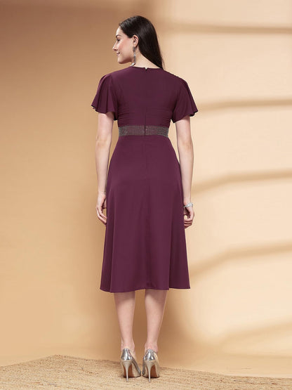 Selvia WomenS Western Dress | Stone Work Flutter Sleeve Crepe Western Dress For Women | Round Neck A-Line Dress For Women | One