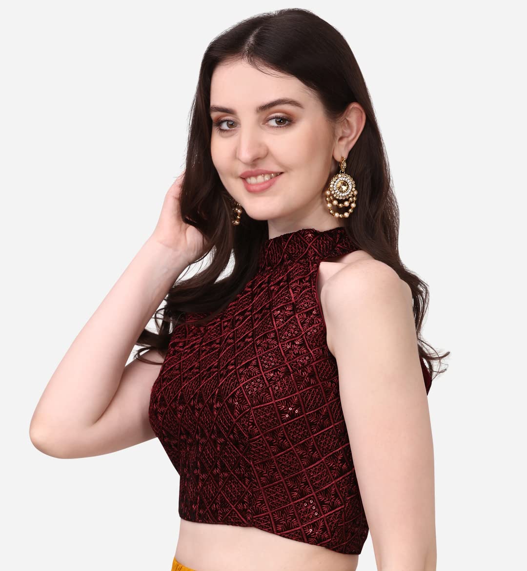 Pujia Mills WomenS Maroon Sleeveless Blouse For Women Halter Neck Chickenkari Sequins Work Readymade Saree Blouse (Diamond Halt