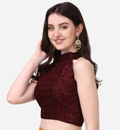 Pujia Mills WomenS Maroon Sleeveless Blouse For Women Halter Neck Chickenkari Sequins Work Readymade Saree Blouse (Diamond Halt