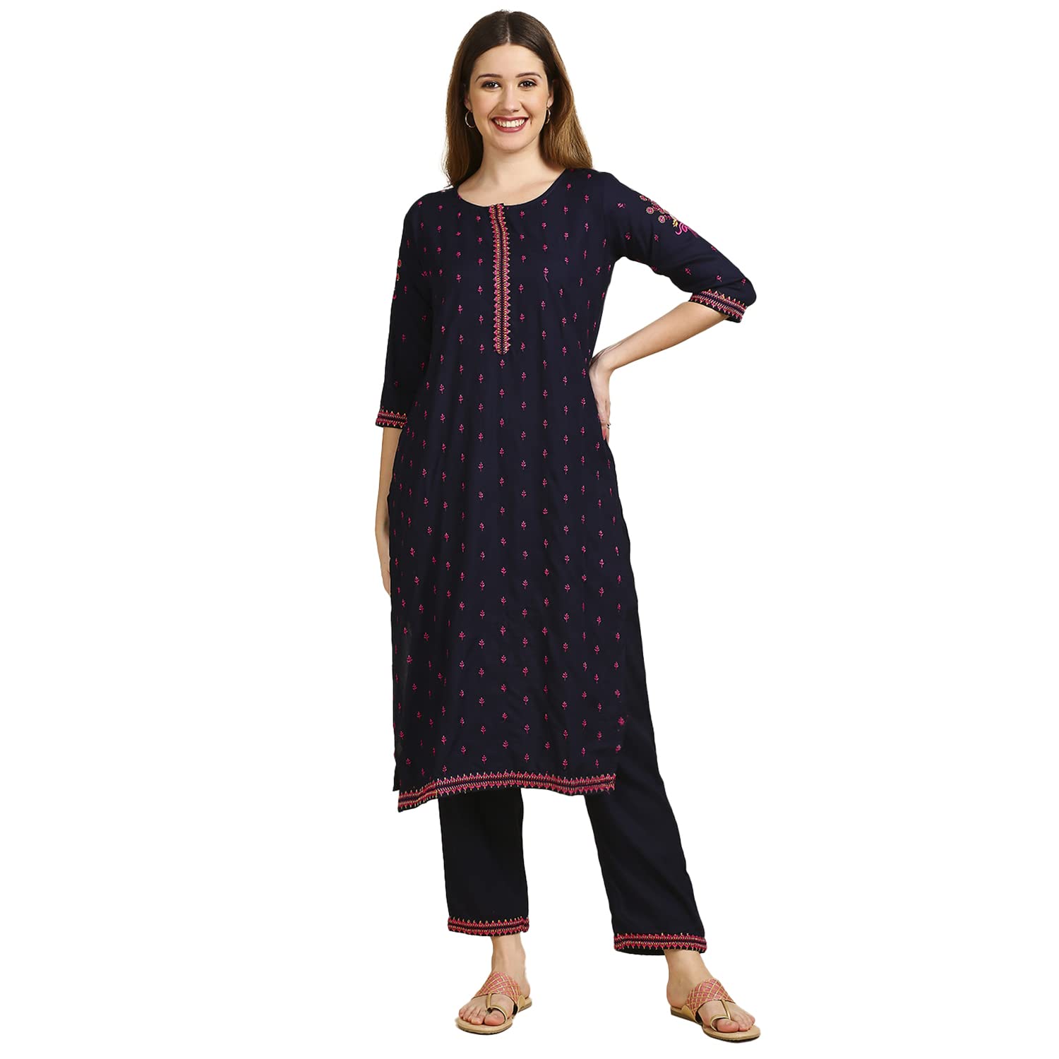 anubhutee Women Rayon Navy Blue Floral Embroidered Kurta Suit Set
