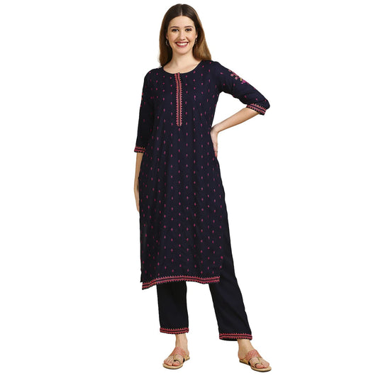 anubhutee Women Rayon Navy Blue Floral Embroidered Kurta Suit Set