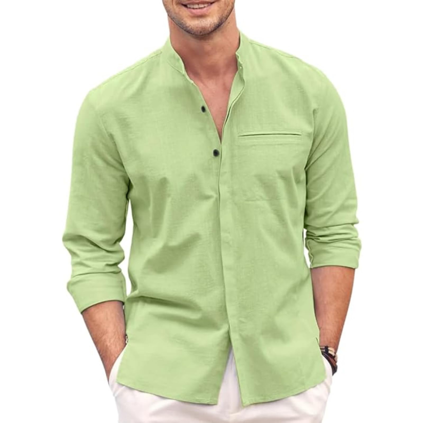 Bellstone Mens Casual Button Down Shirt | Cotton Luster Long Sleeves Shirts | Mandarin Collared Shirts Light Green