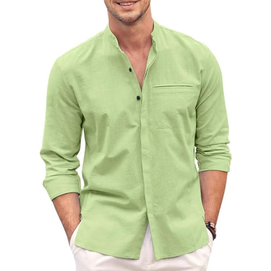 Bellstone Mens Casual Button Down Shirt | Cotton Luster Long Sleeves Shirts | Mandarin Collared Shirts Light Green