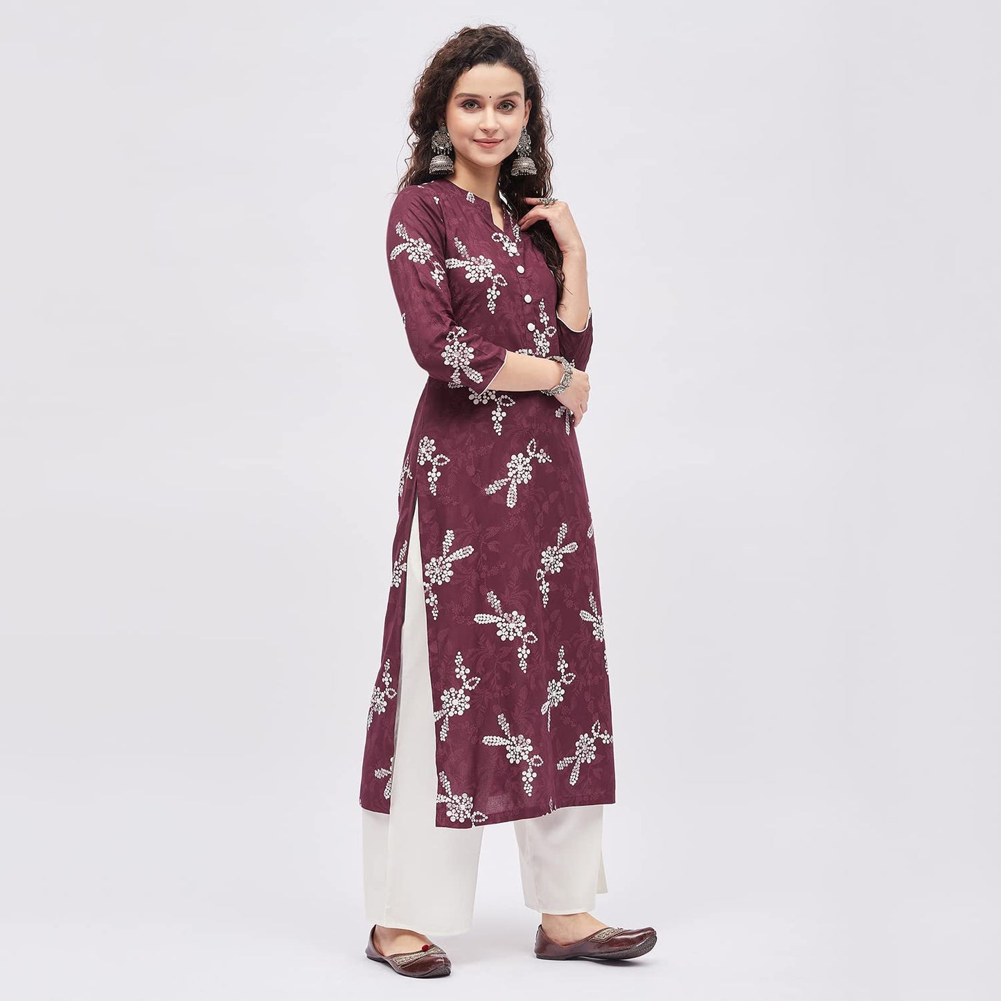 Tissu Women's Rayon Maroon & White Printed Kurta with Palazzo