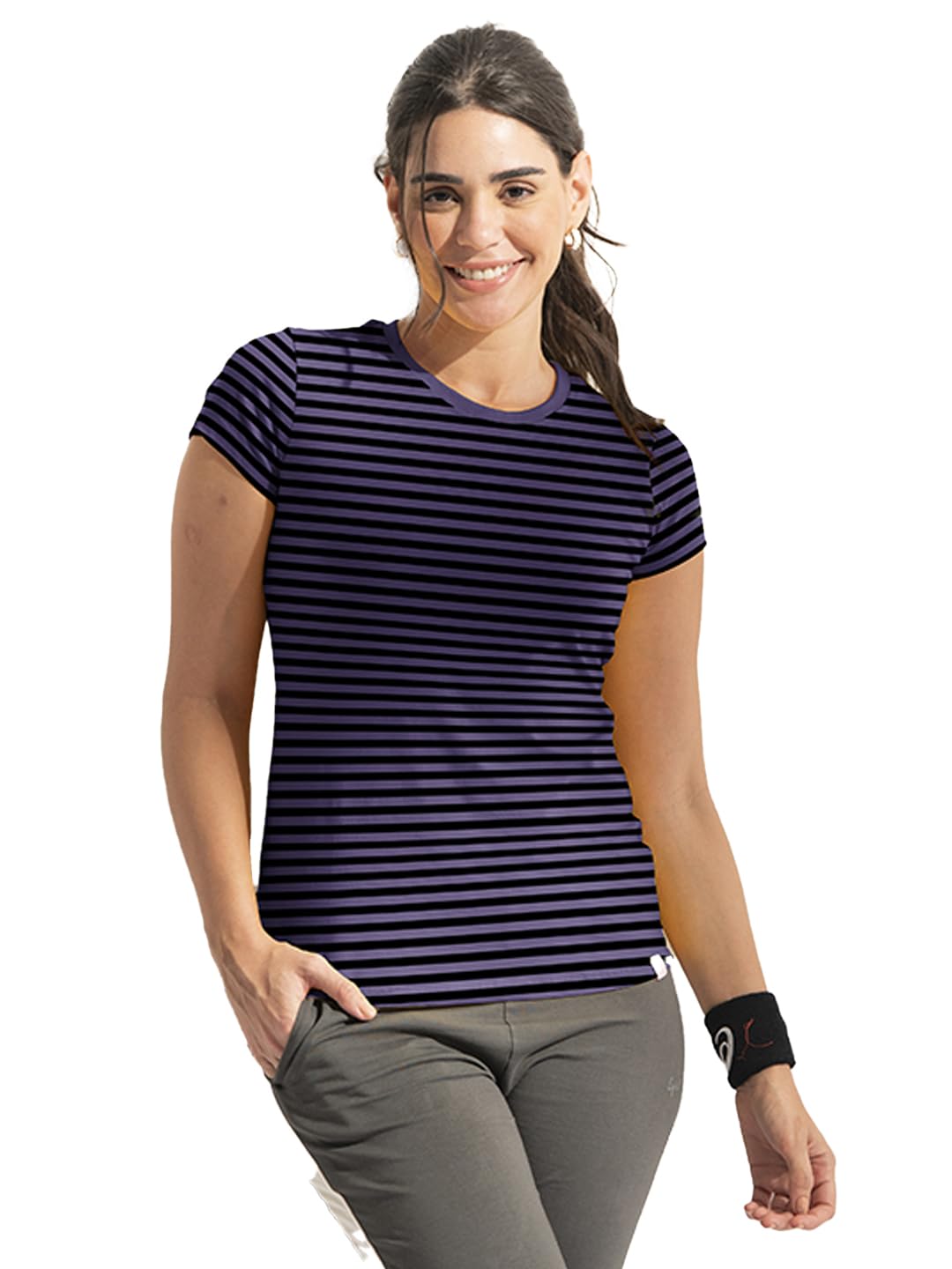 Lyra WomenS Printed Striper Round Neck Regular Fit Cotton T-Shirt