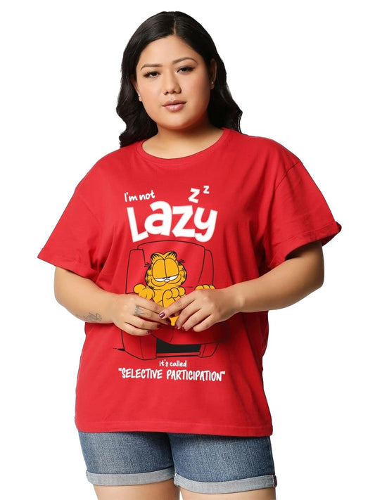 Bewakoof Official Garfield Merchandise Womens Graphic Printed Boyfriend Fit Half Sleeve Round Neck Cotton Plus Size T-Shirt_591