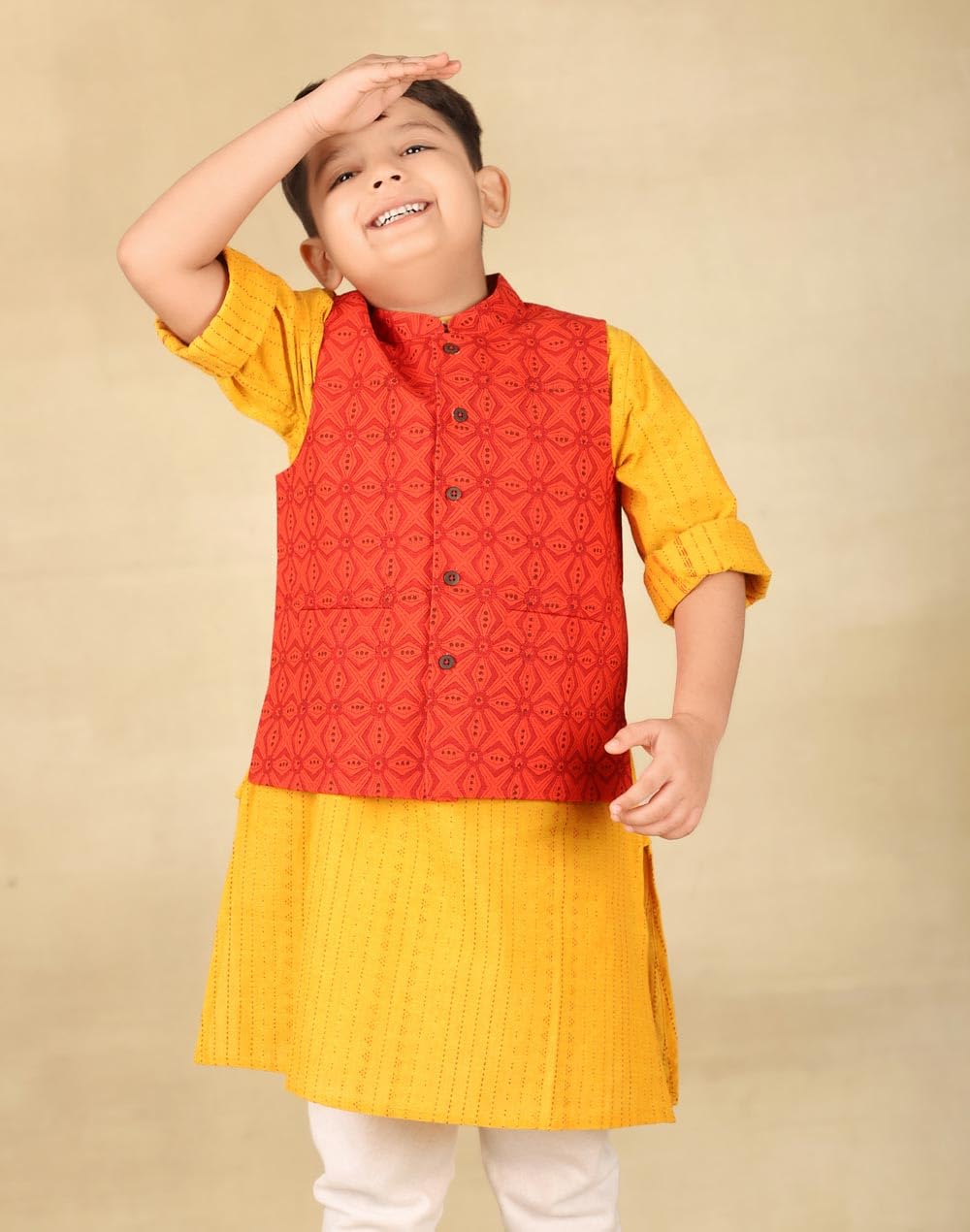 Fabindia Red Cotton Printed Nehru Jacket