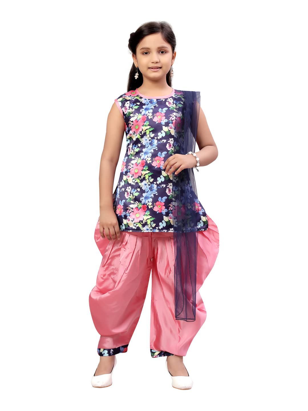 Aarika Girl'S Silk Kurti Patiala Set (Pt-22153_Navy Blu-Pink_28)