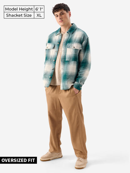 The Souled Store Plaid : Light Emerald and White Men and Boys Long Sleeve Collared Neck Button Front Cotton Oversized Fit Flanne