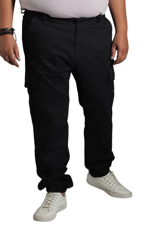High Star Plus Size Men Relaxed Mid-Rise Cotton Plain Straight Fit Cargos Trousers Black