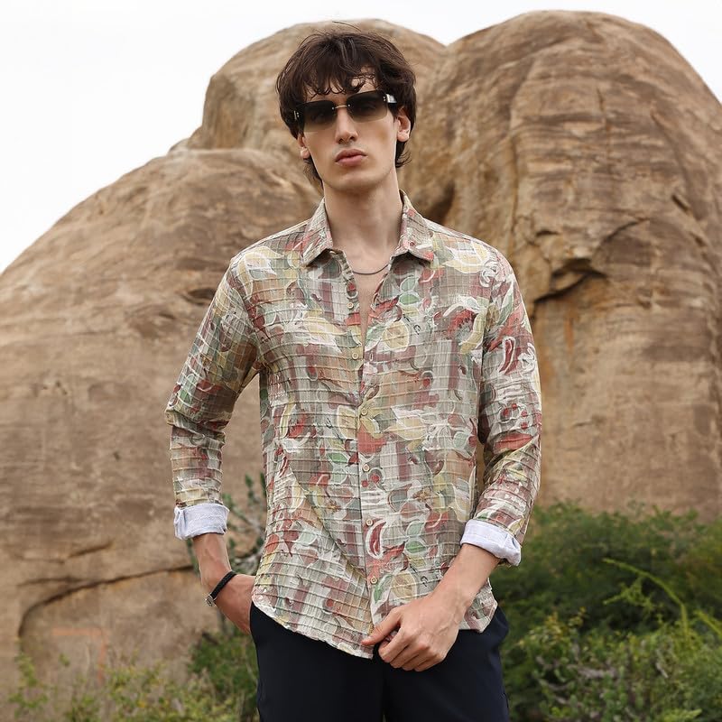 Campus Sutra Mens Multicolour Artistic Botanical Shirt | Casual Wear | Spread Collar | Long Sleeve | Button Closure | Shirt Cra