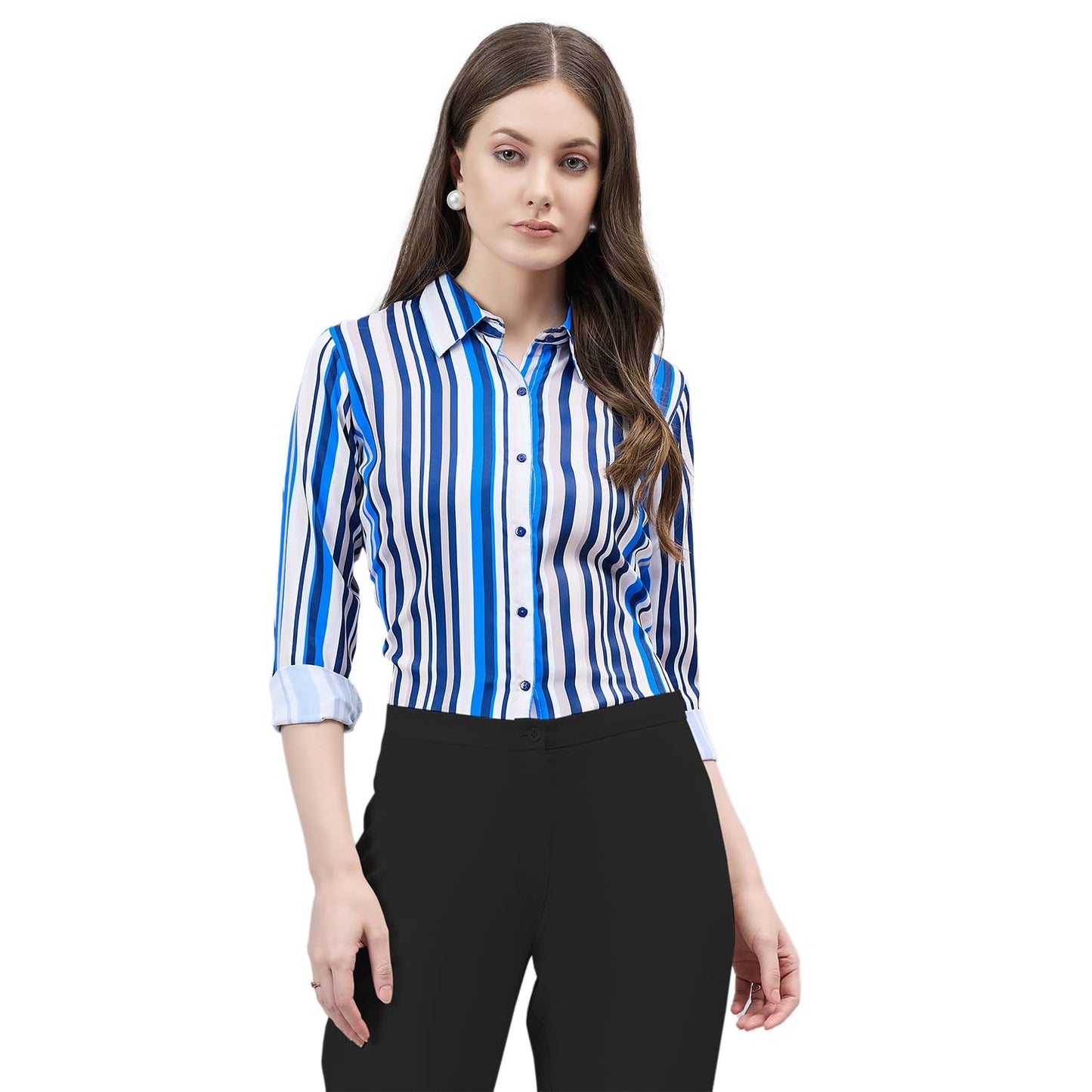 Style Quotient Women Blue and Multi Stripe Printed Polyester Regular Fit Formal Shirt