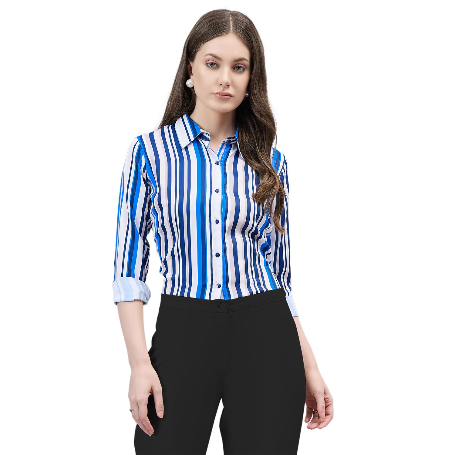 Style Quotient Women Blue and Multi Stripe Printed Polyester Regular Fit Formal Shirt