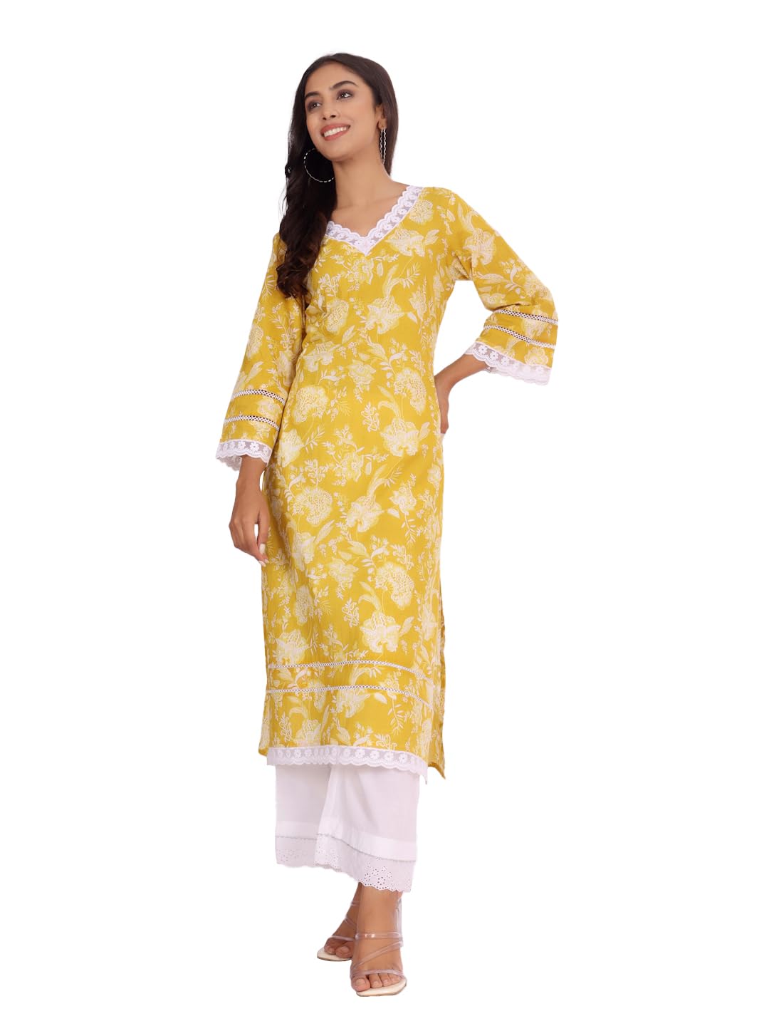 Varanga Women Ethnic Floral Printed Flared Sleeve Kurta Yellow