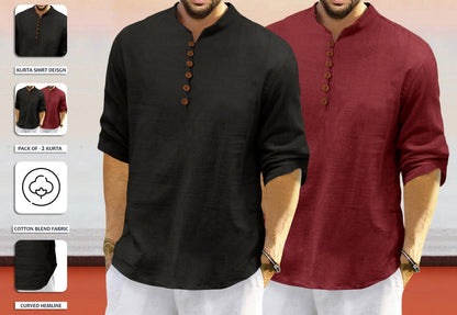 Royalscout MenS Cotton Polyester Blend Solid Regular Fit Full Sleeve Short Kurta | Ethnic, Lightweight Summer Kurta For Daily &