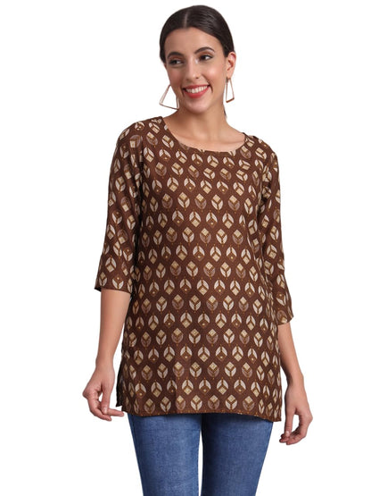 Patlani WomenS Cotton Printed Short Fullstitched Kurti/Kurtas. Coffee