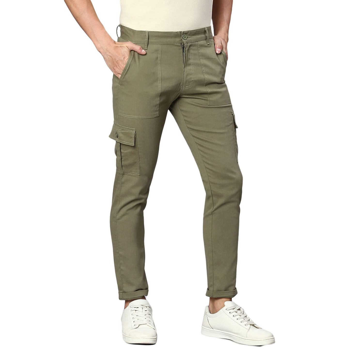 Hubberholme MenS Regular Fit Cotton Trousers With Patch Pockets, Ankle Length Button Closure Cargo Chinos Light Olive