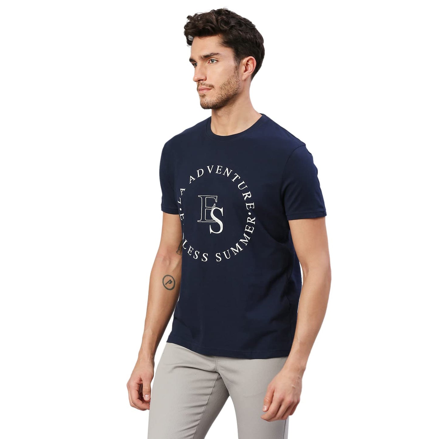 Dennis Lingo MenS Pure Cotton Printed Half Sleeves Casual T-Shirt (Navy)
