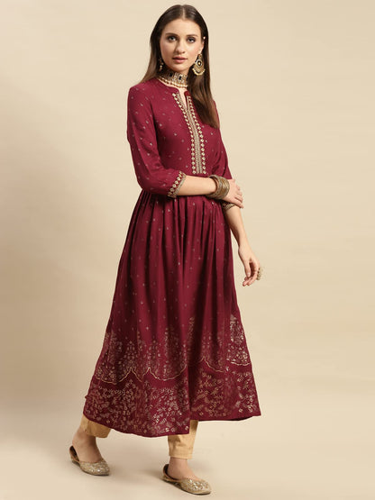 rangita Maroon Rayon Calf Length Embroidered Flared Kurti for Women | Kurta for Women