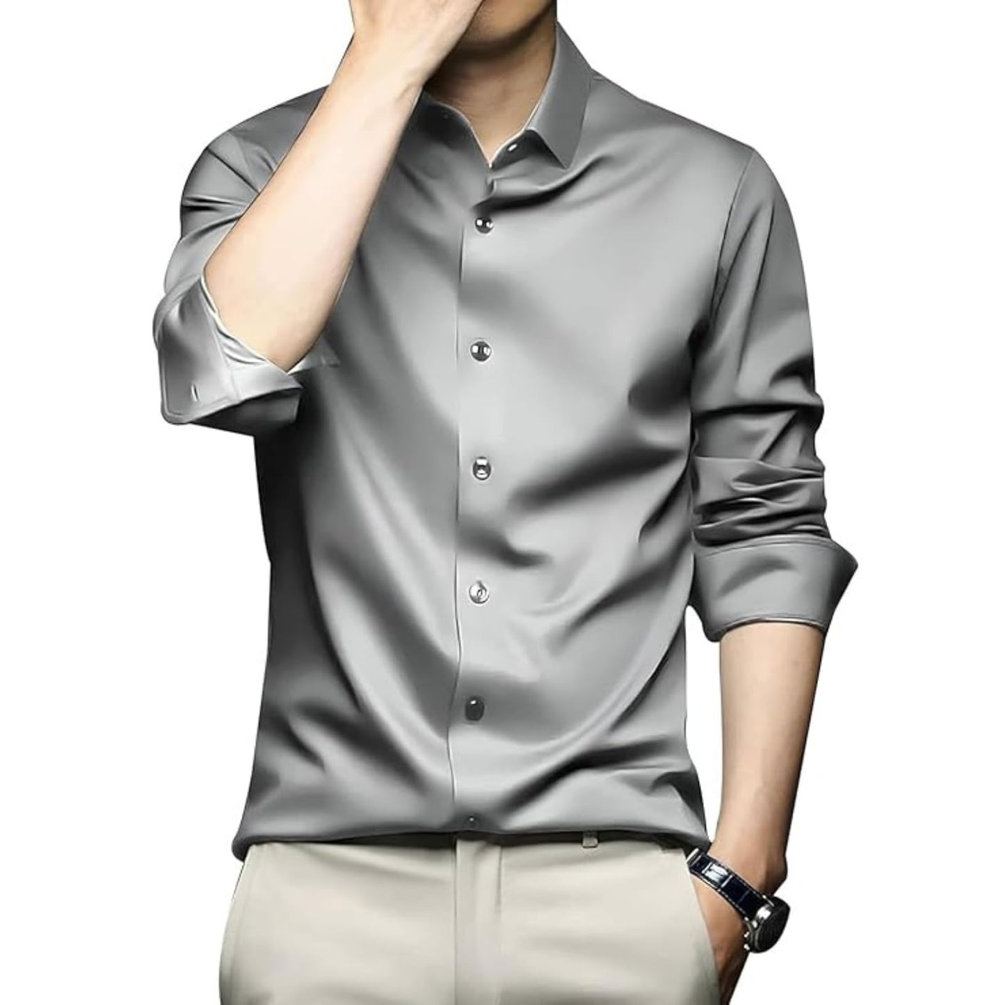 Deelmo MenS Stylish Solid Satin Casual Shirt For Men Full Sleeves| Poly Satin Silk Shirt Silver
