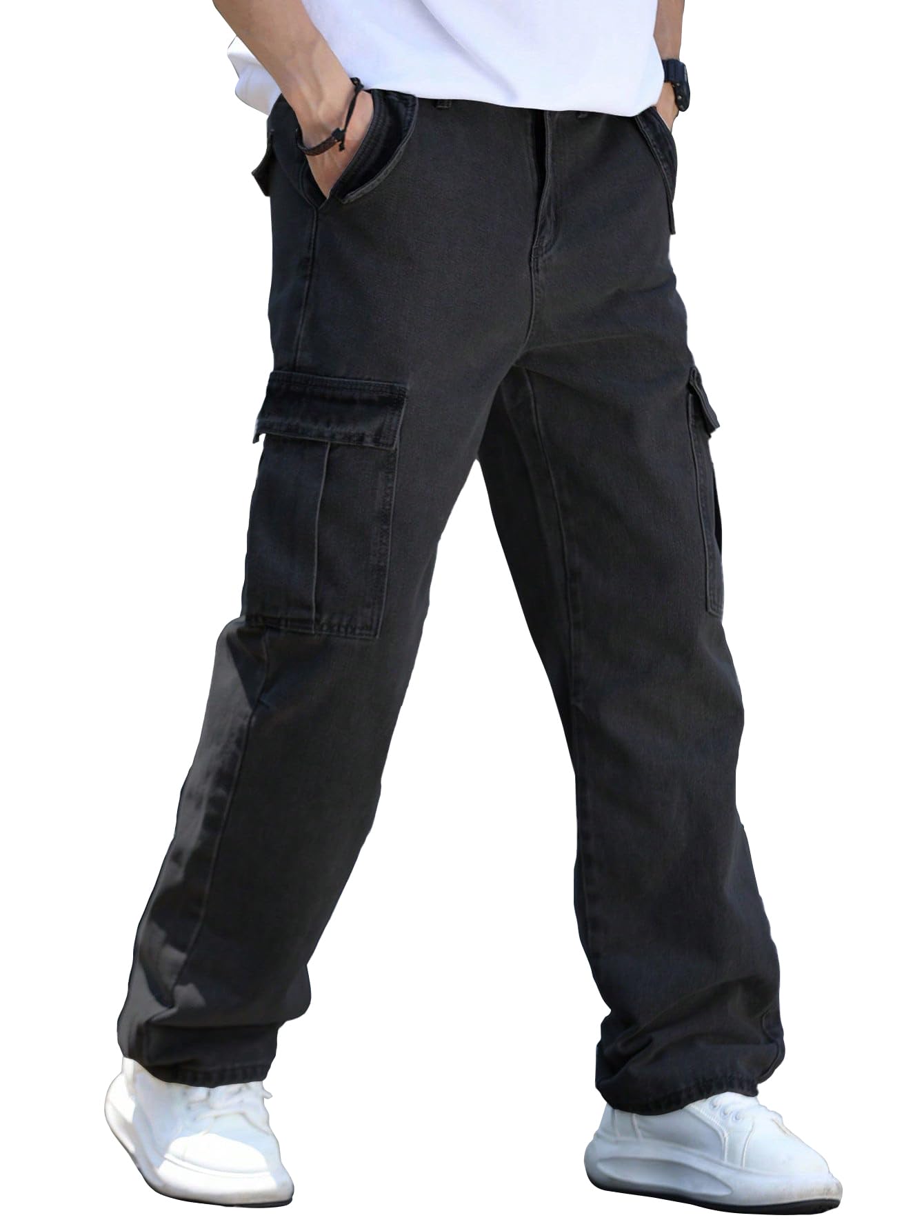 AVANOVA Mens Black Cargo Jeans Slim Fit | Stylish Stretch Denim Trousers with Multi Pockets | Casual Wear Pants for Men | Comfor