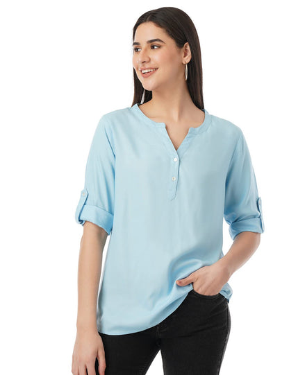 FYLTR Womens Fashion V-Neck Top with Roll-up Sleeves