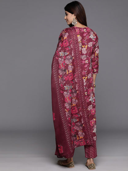 Varanga Women Maroon Floral Printed Embroidered Kurta Paired With Bottom And Dupatta