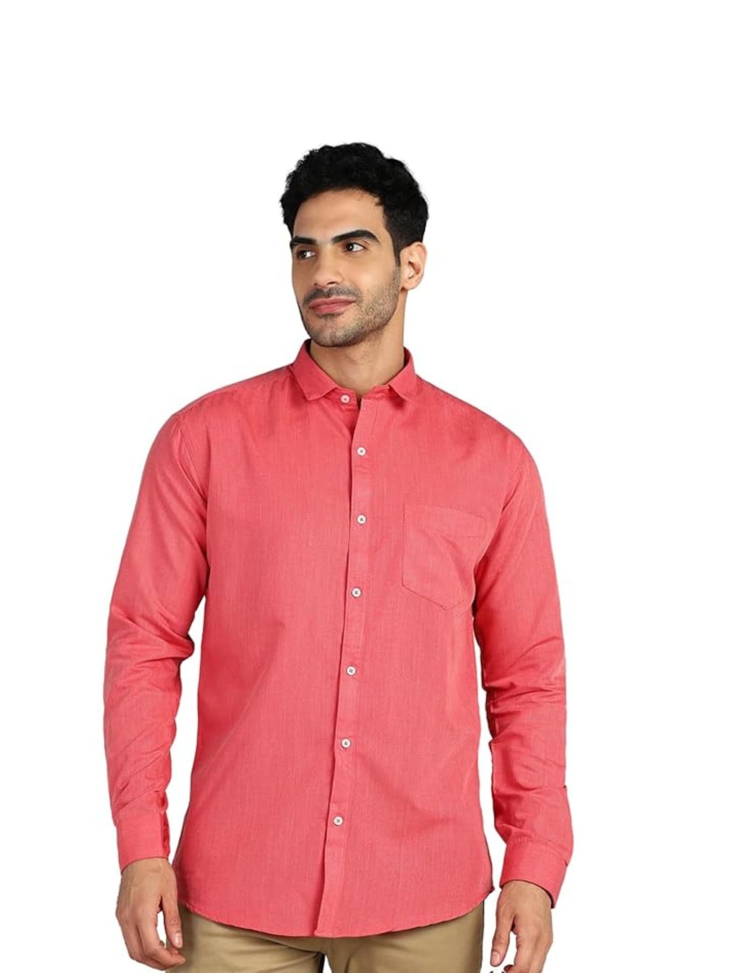 Mildin MenS Regular Cotton Blend Pink Slim Fit Solid Button Down Spread Collar Full Sleeve Curved Hemline Formal Shirt With One