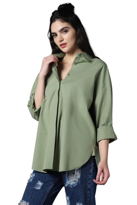 High Star WomenS Cotton Oversized Fit Shirt (Hswshs23001B_Gn_Green