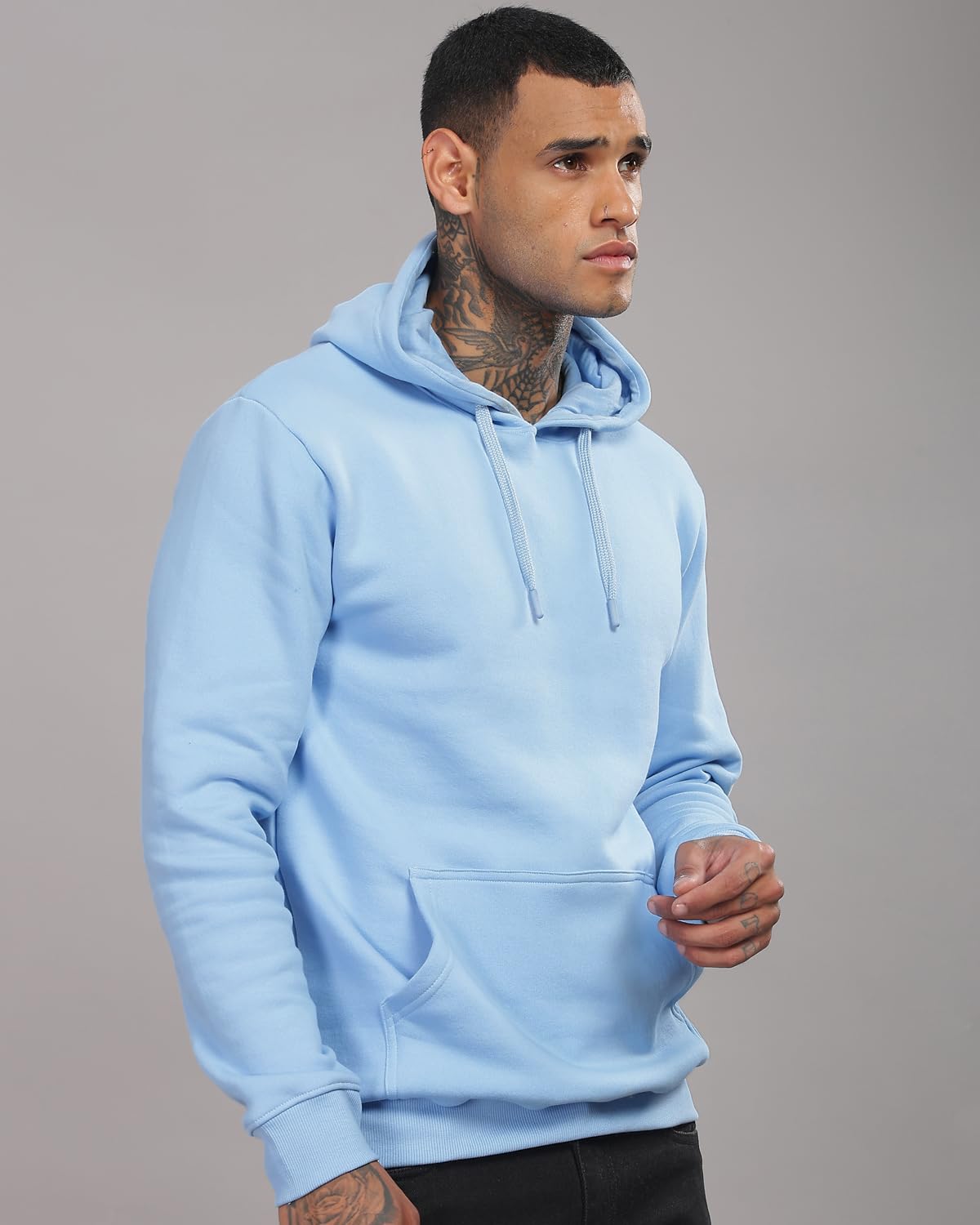 ADRO Men's Cotton Neck Hooded Sweatshirt (H24-M-PLN-SK_Sky Blue