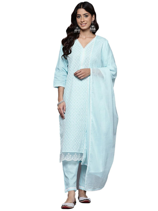 Varanga Women Blue Chikankari Embroidered Kurta with Tonal Bottom and Chiffon Dupatta.