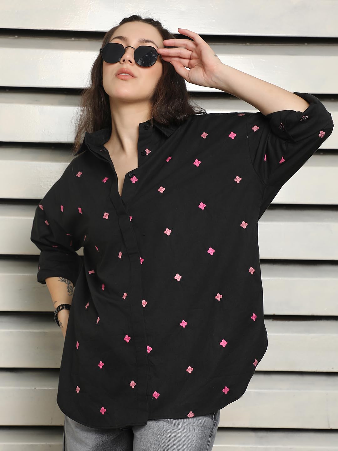High Star WomenS Oversized Fit Shirt (Hswshs2432_Jun_Black
