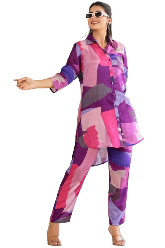 Gosriki WomenS Chanderi Cotton Short Length Printed Co-Ord Set (Bubblegum Purple Co-Ord-Nkl-Gs_M_Purple_Medium)