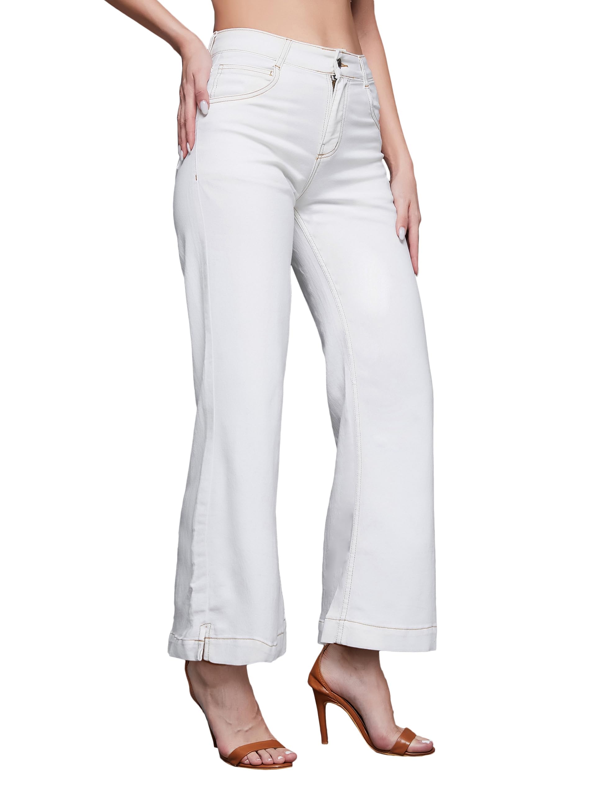 Miss Chase WomenS Flared High Rise Ankle Length Stretchable Denim Jeans (Plus Size)(Mcss24Den79-02-322-38, Powder White, 38)