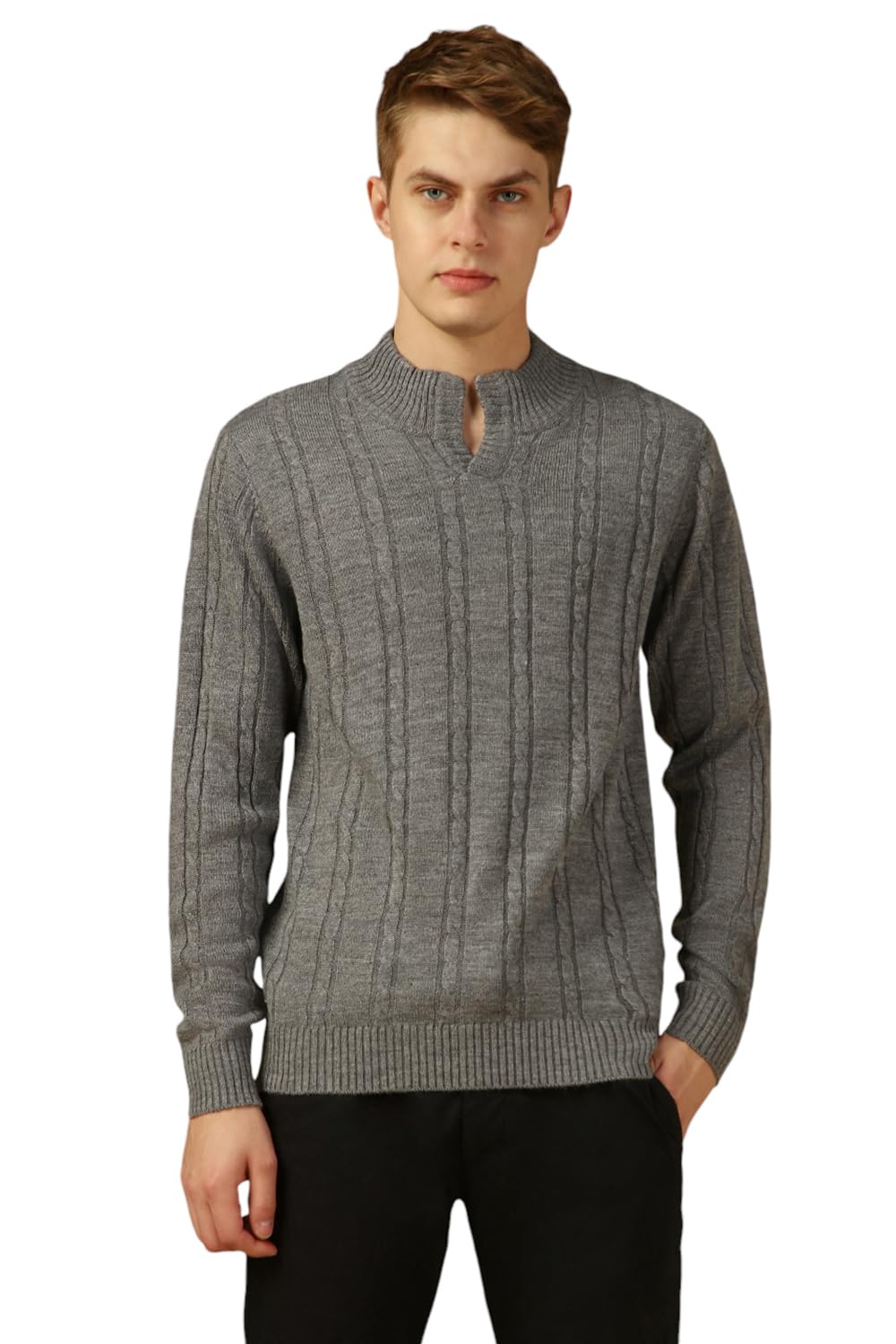 Dennis Lingo Men Black Solid Slim Fit Full Sleeve Mock Collar Pullover Sweater