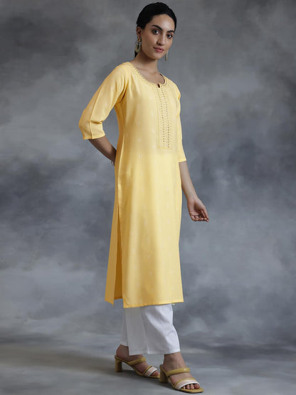 Libas WomenS Cotton Woven Design Straight Kurta (26977_Yellow