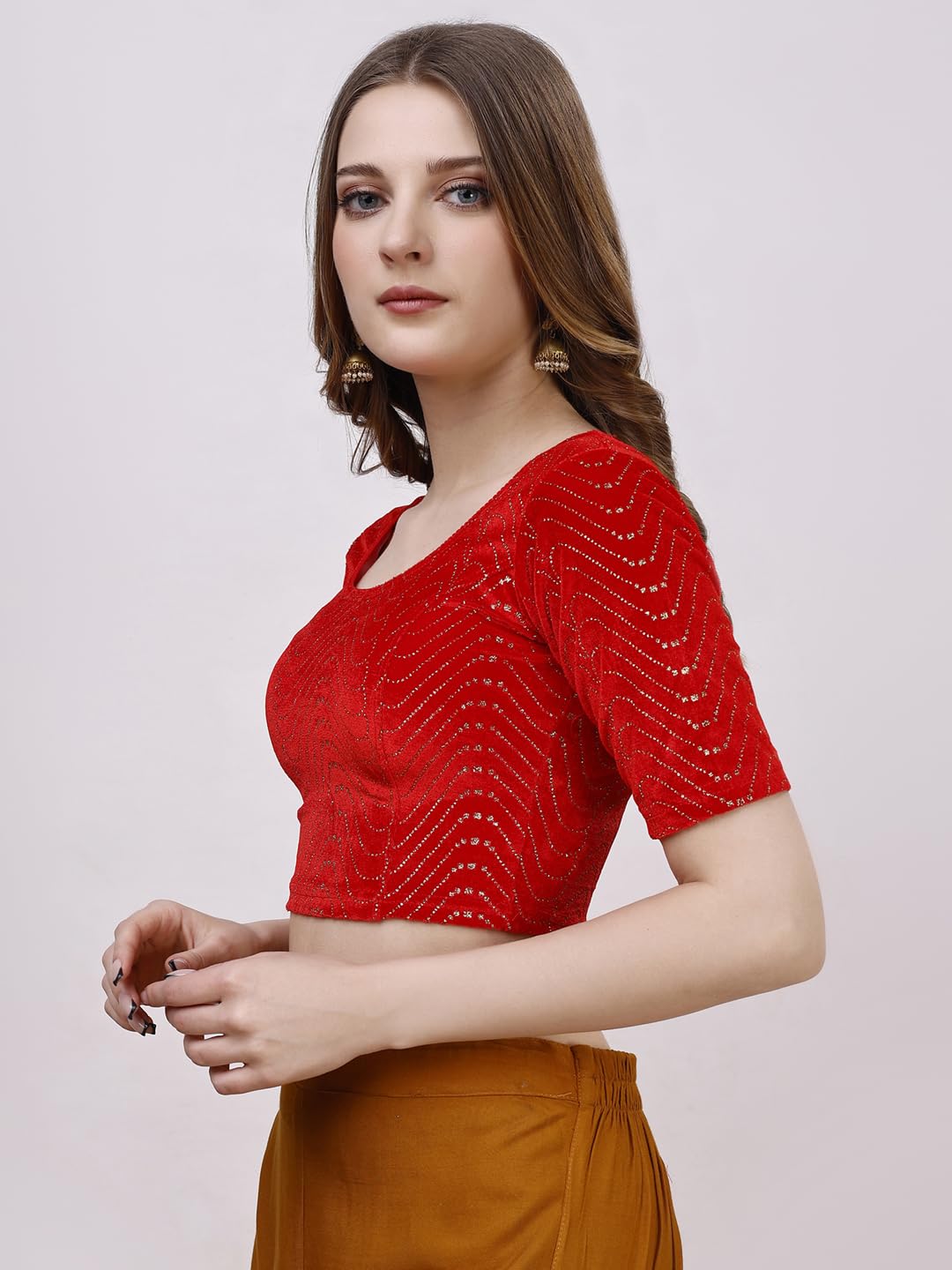 Pujia Mills WomenS Readymade Hosiery Velvet Lycra Stretchable Round Neck Half Sleeve Blouse With Jari Work Fancy Red Color Lycr