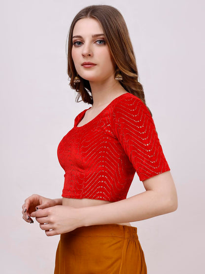 Pujia Mills WomenS Readymade Hosiery Velvet Lycra Stretchable Round Neck Half Sleeve Blouse With Jari Work Fancy Red Color Lycr