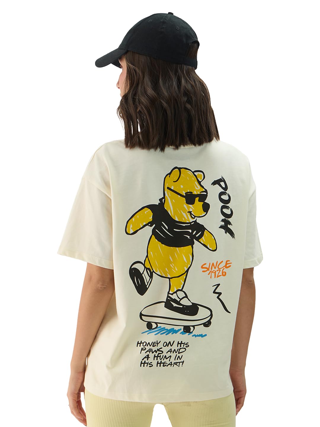 The Souled Store Disney: Winnie The Pooh Displacement Women and Girls Short Sleeve Round Neck Off White Graphic Print Oversized