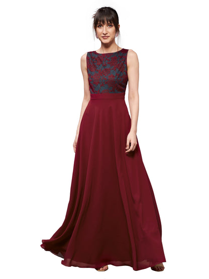 Miss Chase WomenS Round Neck Sleeveless Georgette Floral Lace Fit & Flare Maxi Dress Maroon