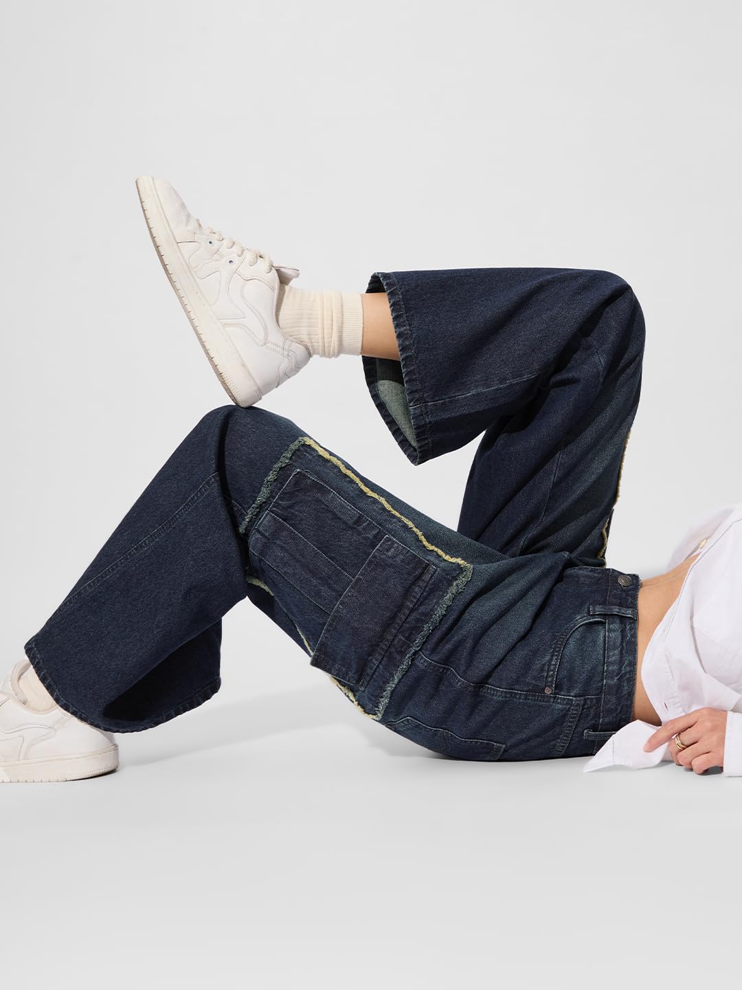 The Souled Store Wideleg Jeans : Sulphur Blue Wash Women and Girls Wide Leg Fit Cotton Cargo Jeans