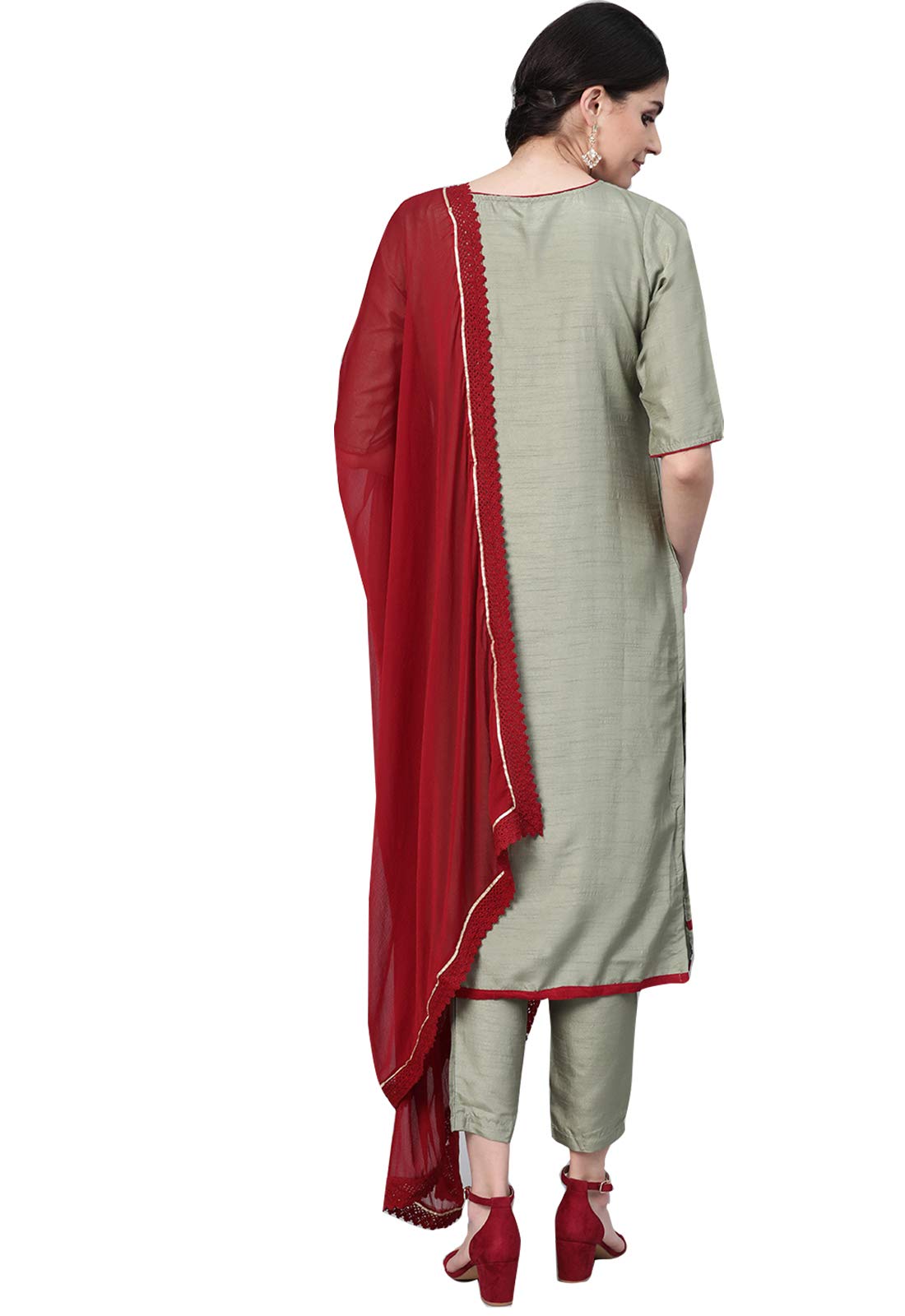 ishin Women's Silk Blend Embroidered Thread Work Green Floral Print A-Line Kurta suit set With Dupatta & Trouser