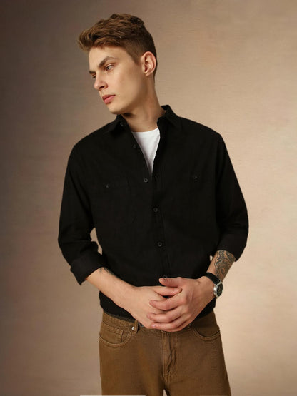 Dennis Lingo Men Black Solid Relaxed Fit Full Sleeve Spread Collar Shirts