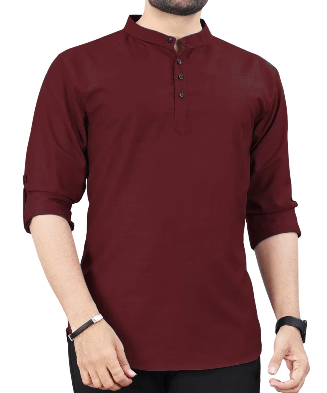 Deemoon MenS Cotton Blend Kurta With Solid Regular Fit Mandarin Collared Neck Full Sleeve And Waist Length | Kurtas For Men | M