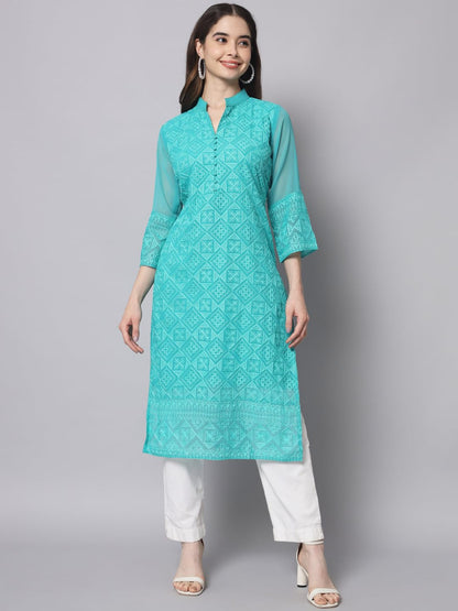 Ekasya WomenS Georgette Straight Cut Notch Neck Kurta With Beautiful Embroidery Work (E1547) Sea Green