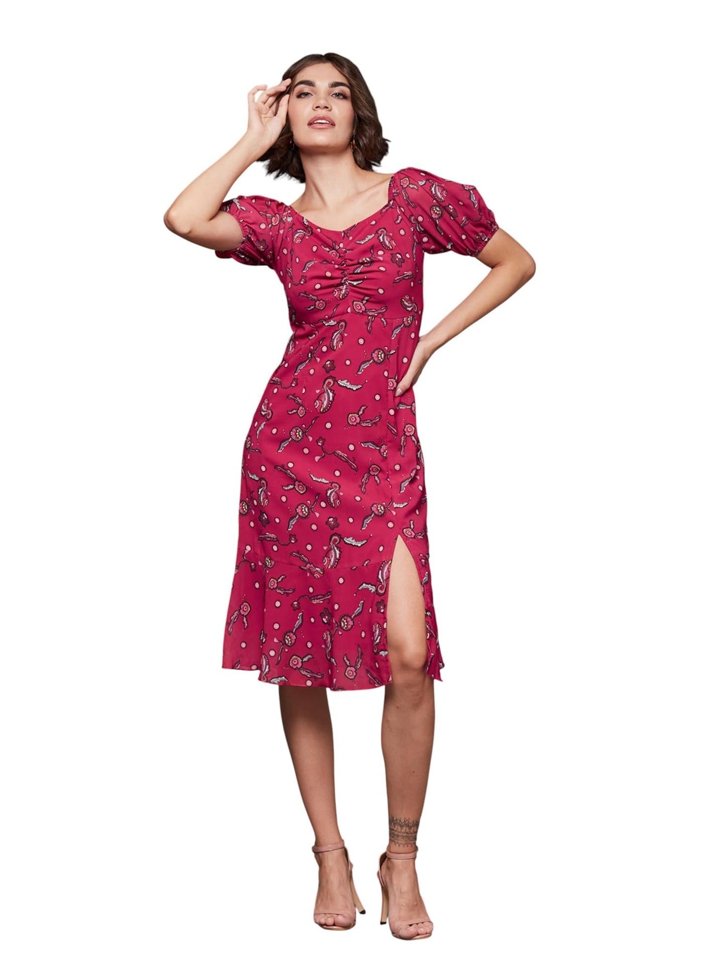 Miss Chase Womens Half Sleeve Floral Dress (MCSS25D93-10-251-06, Multicolored-Base-Dark Pink, XL)