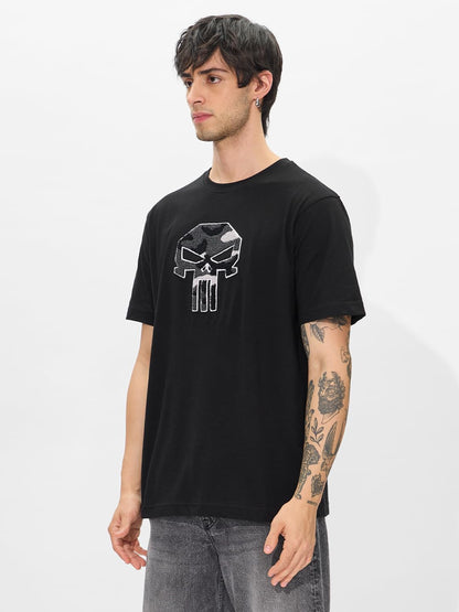 The Souled Store Official Punisher: Its Time Men and Boys Short Sleeves Round Neck Black Embroidered Cotton Regular Fit T-Shirt