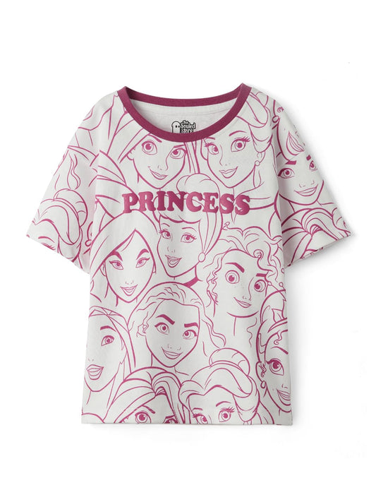 The Souled Store Official Disney: Puff Princess Girls Short Sleeve Round Neck Grey and Pink Graphic Printed Cotton Oversized T-S