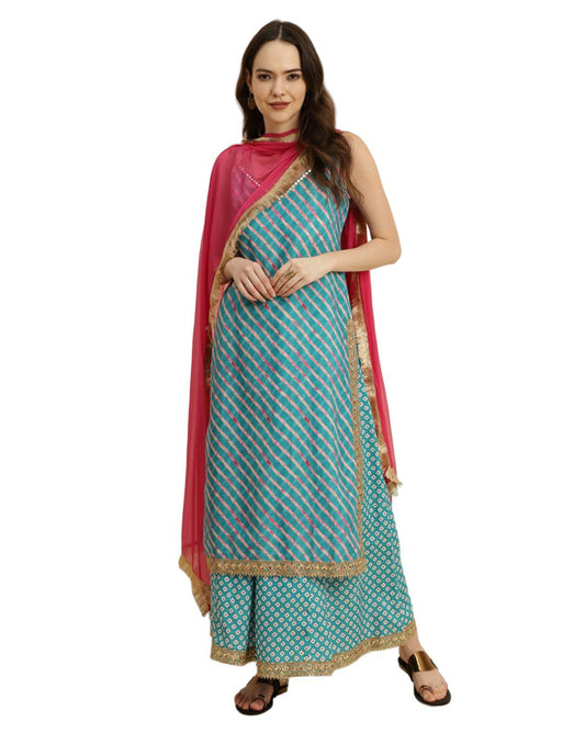 Varanga Women Off White Floral Printed Strap Style Kurta Paired with Straight Trouser and Dupatta