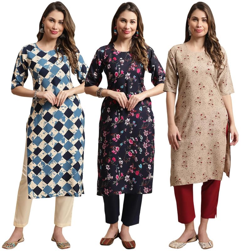 Pinkmint Straight Crepe Kurta & Pant For Women Ethnic Kurta Set For Women (Pack Of 3)